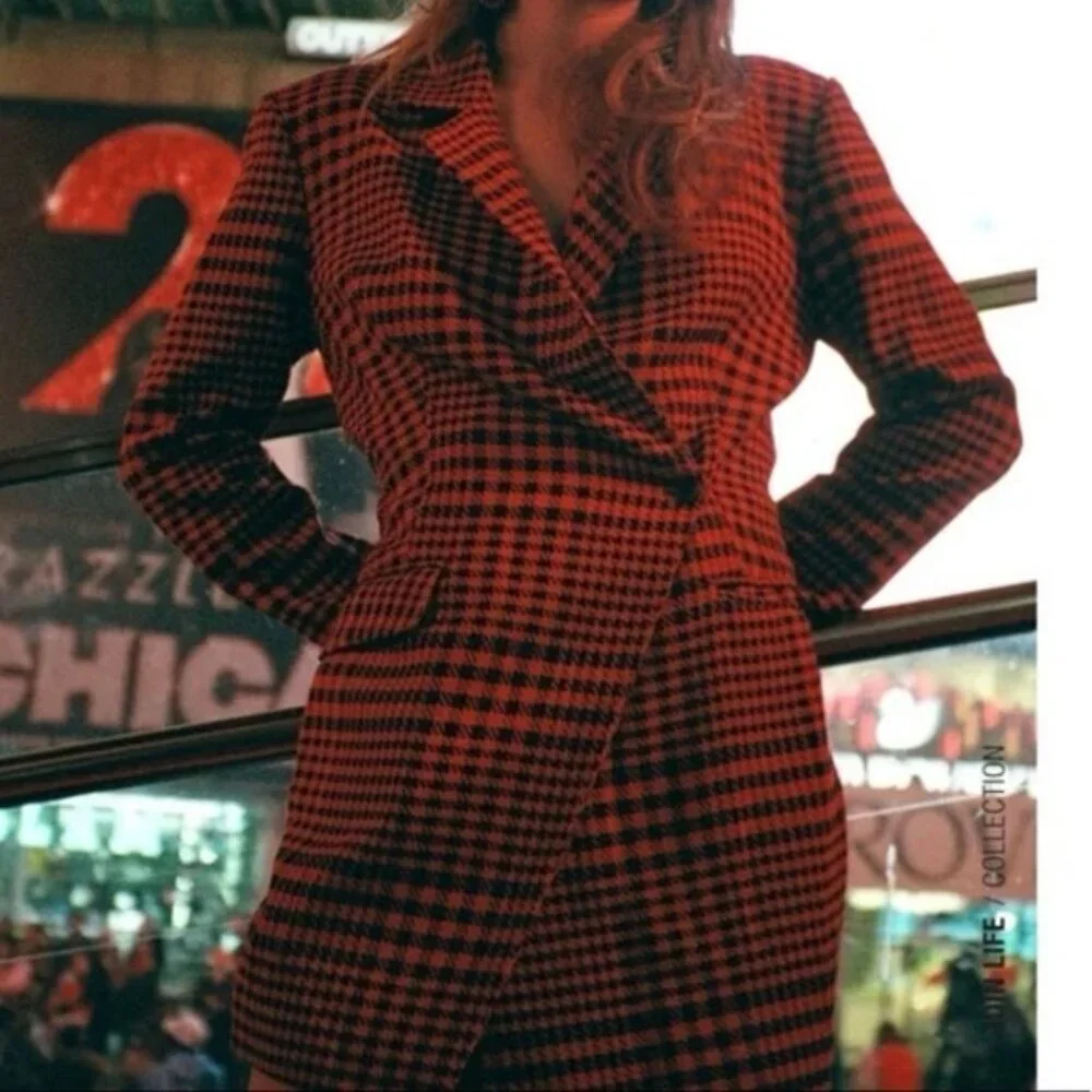 ZARA New ROMANIA MADE Houndstooth‎ Blazer Dress Romper 8342/331 MEDIUM Red Black